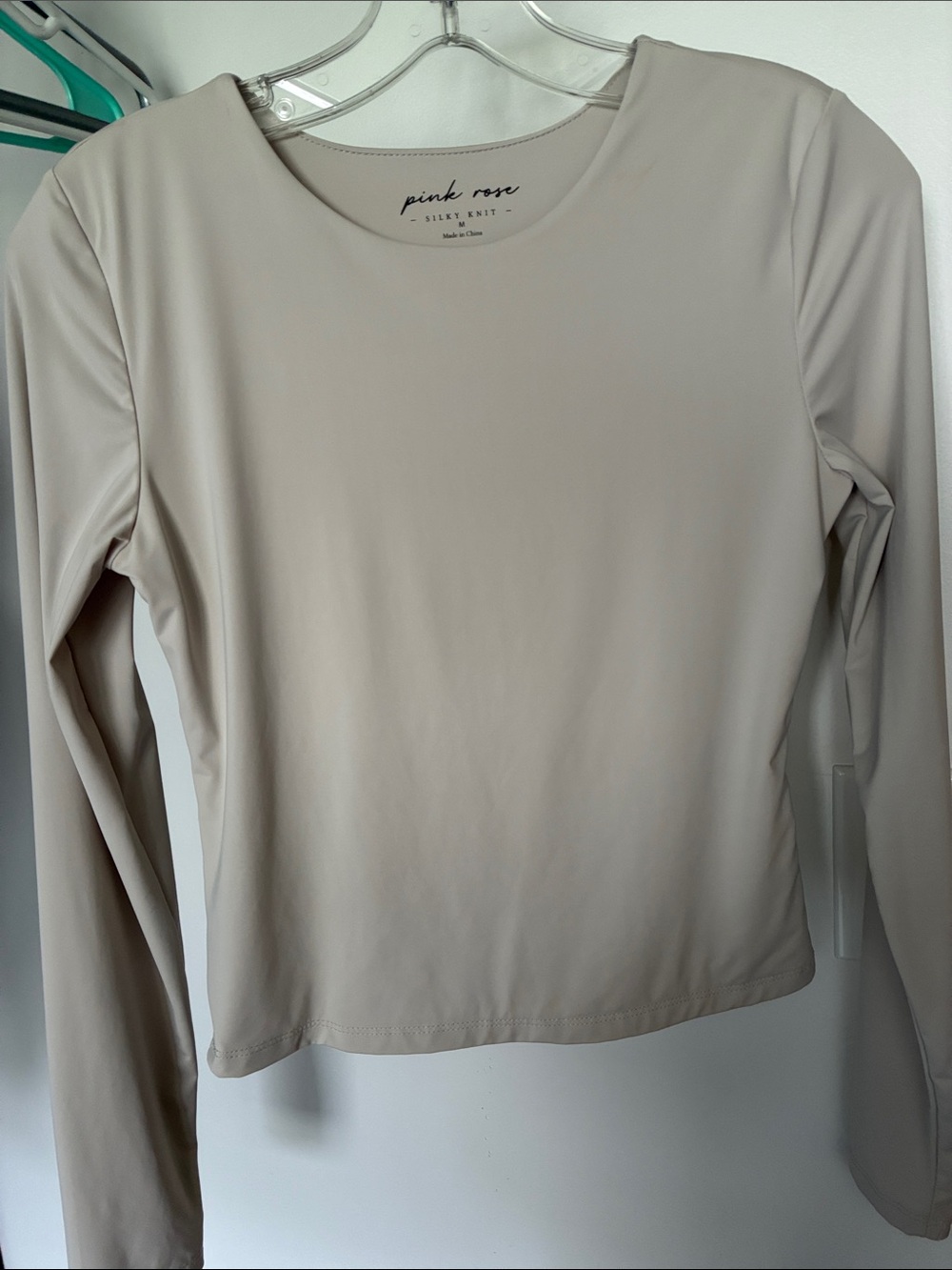 Pink Rose Long Sleeve Silky Knit Top in Light Beige